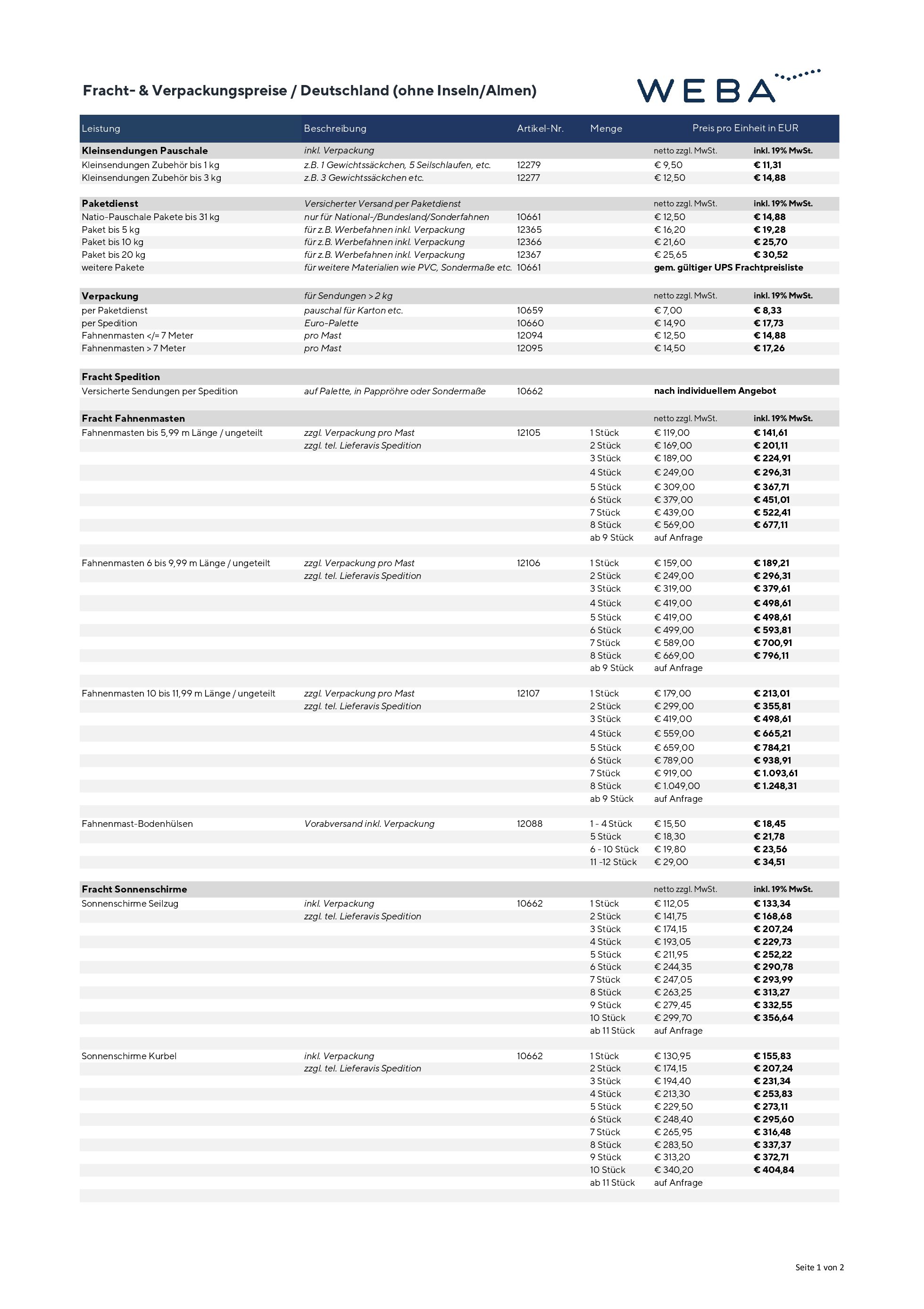 WEBA – Preisliste – Preise Fracht Verpackung